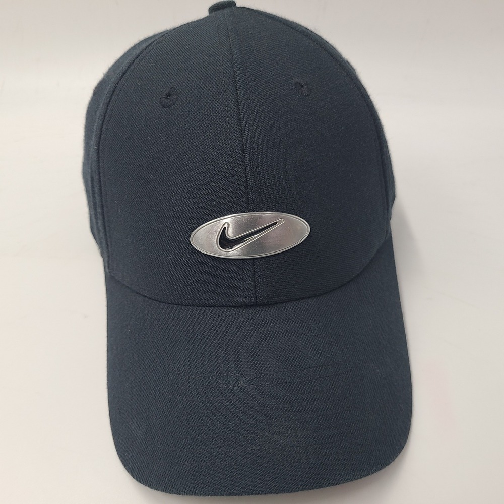 Vintage Nike Hat Fitted (Seems M) Black Silver Metal Swoosh Logo Wool Blend Men